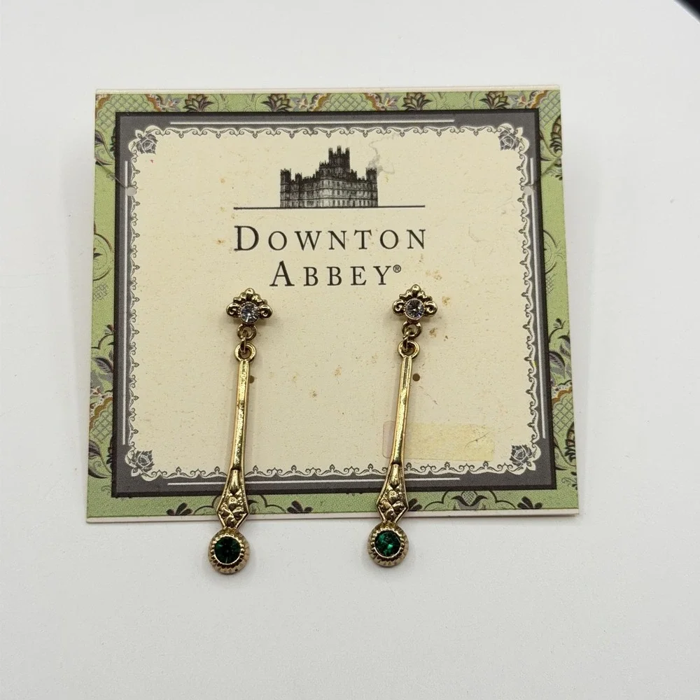 Downton Abbey Gold Tone Green Crystal Art Deco Drop Dangle Earrings Costume